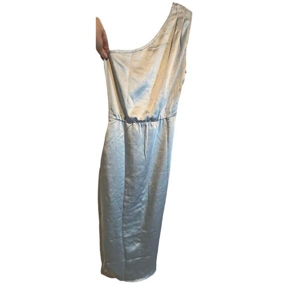 One Shoulder Ruched Satin Draped Slit Dress - Pretty Garden, Light Blue Small - Picture 7 of 9